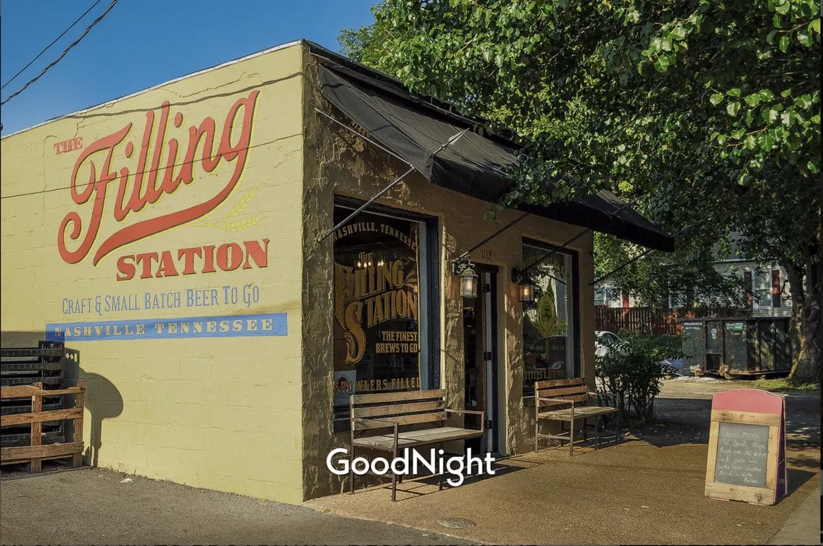 An inviting brewery exterior with a brightly painted sign, outdoor seating area, and inviting entrance door. Patrons are seen enjoying craft beer and conversation in a sunny, casual environment.