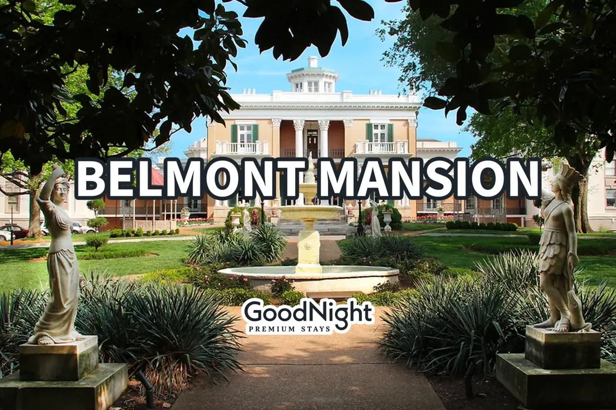 A stately exterior view of Belmont Mansion, complete with a graceful fountain and statues in the foreground. The lush garden setting invites leisurely walks, photography, and historical discovery—activities that appeal to families and culture seekers alike.