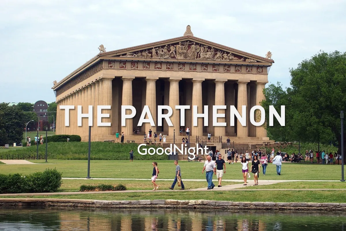 This image features the iconic Parthenon structure in Centennial Park, surrounded by green lawns and visitors strolling and taking photos. The composition highlights both the grandeur of the replica and the family-friendly outdoor environment, perfect for kids to run and explore.
